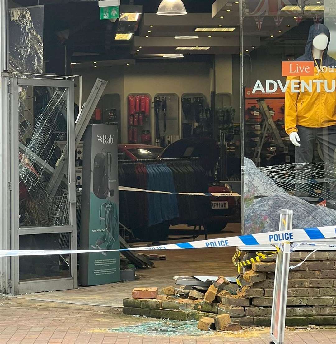 Three people have been injured after a car crashed into Blacks outdoor shop in Tunbridge Wells. Photo: Nadine Kayyali